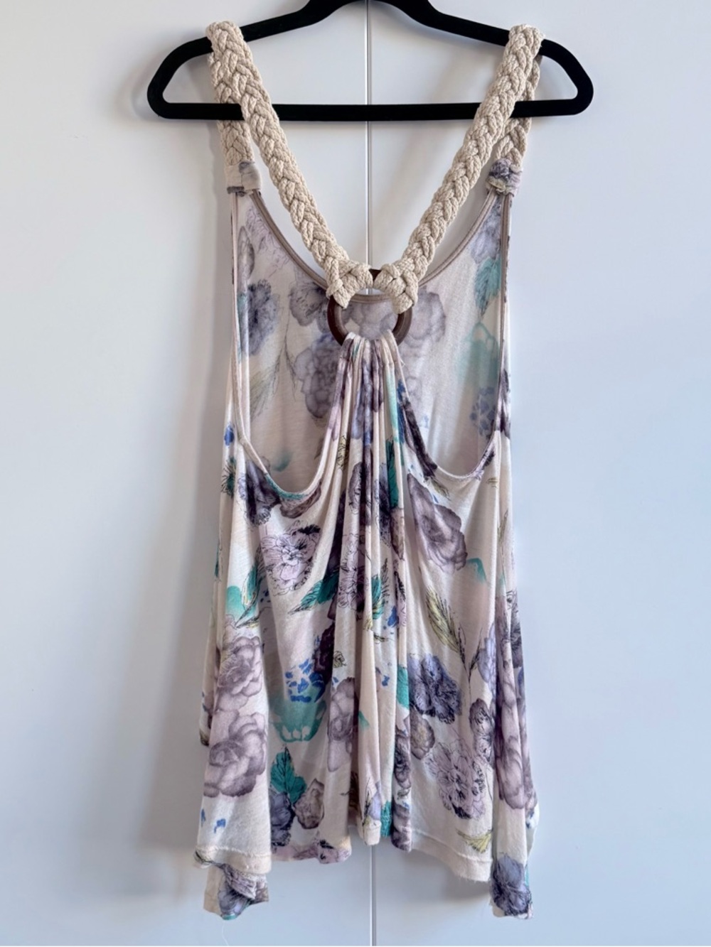 Boho Floral Tank Top - Braided Rope Straps & Wooden Ring Back